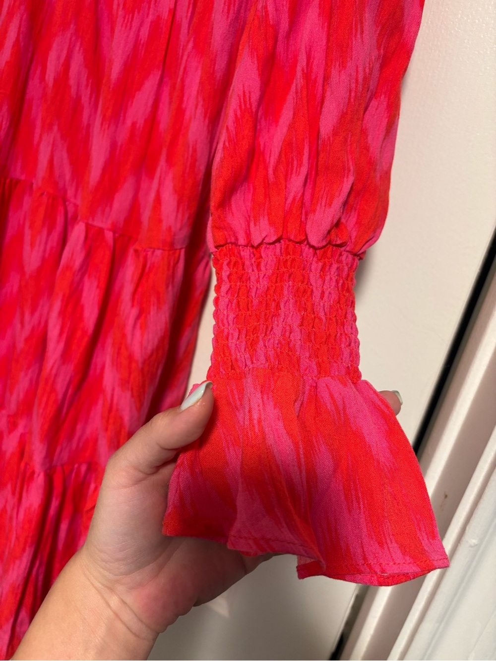Tuckernut Pomander Place Hot Pink and Red Ikat V-Neck Tiered Dress - Picture 4 of 8